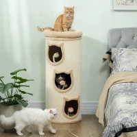 PawHut Tonneau à gratter, tour à griffer en sisal et bord en peluche, 3 niveaux avec plate-forme, stable, Ø 38 x 96 cm crème(m-2)