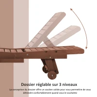 Outsunny Bain de Soleil transat Style Colonial Dossier réglable 3 Positions roulettes Tablette Support Bois Sapin(m-5)
