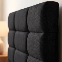 HOMCOM Estructura de Cama 140x200 cm con Lamas de Madera Cama Doble Acolchada en Efecto Lino con Almacenamiento Inferior sin Ruido Negro(m-8)