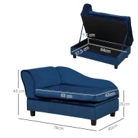 PawHut Sofá para mascotas con almacenamiento, cojín suave, hasta 15 kg de capacidad, revestimiento de peluche, armazón de madera dura, Azul(m-3)