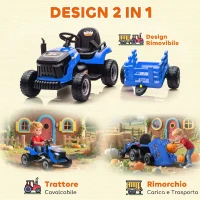 AIYAPLAY 2 in 1 Trattore Elettrico per Bambini 3-8 Anni con Rimorchio Staccabile, Telecomando, Musica, Luci, Blu(m-4)