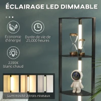 HOMCOM Lampadaire sur pied salon, lampadaire avec étagères d'angle à 4 niveaux, lampe LED dimmable, 41x29,5x163,5cm, noir(m-5)