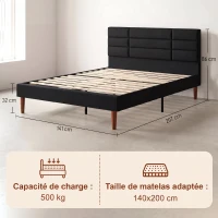 HOMCOM Estrutura de Cama 140x200 cm com Ripas de Madeira Cama de Casal Estofada Efeito Linho Armazenamento Inferior Sem Ruído Preto(m-3)