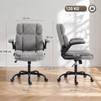 HOMCOM Chaise de Bureau Pivotante avec Accoudoirs Rabattables, Hauteur Réglable, Bascule en Tissu Effet Lin, Gris(m-3)