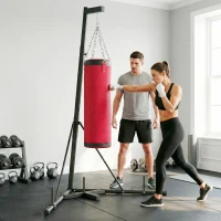 SPORTNOW Supporto Sacco Boxe Regolabile con Base Triangolare e Sacco da Boxe, in Acciaio e Tela, 175x91x185-231 cm, Rosso(m-9)