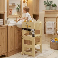 AIYAPLAY Tour d'Apprentissage Enfant 3 en 1, Tour d'Observation Enfant Pliable avec Tableau Noir, Motif Chat, Naturel(m-10)