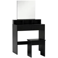 HOMCOM Penteadeira com Espelho 3 Prateleiras 2 Gavetas e Banquinho em Madeira 75x38x135 cm Preto(m-1)