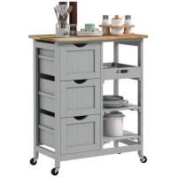 HOMCOM Chariot desserte de cuisine à roulettes plan de travail en bois 3 tiroirs et 1 plateau amovible 67 x 37 x 85,5 cm gris(m-12)
