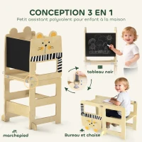 AIYAPLAY Tour d'Apprentissage Enfant 3 en 1, Tour d'Observation Enfant Pliable avec Tableau Noir, Motif Chat, Naturel(m-4)
