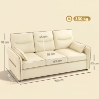 HOMCOM Divano 3 Posti in Finta Pelle con Imbottitura Spessa, Tasca Laterale e 2 Cuscini, 190x83x90 cm, Beige(m-3)