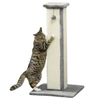 PawHut Griffoir pour chat poteau griffoir chat en sisal et peluche, boule suspendue base stable 41 x 41 x 81 cm gris et crème(m-15)