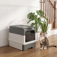 PawHut Maison de Toilette pour Chat avec Couvercle, Entrées, Plateau Coulissant, Pelle, Sachets Désodorisants, 48x35x36cm, Gris(m-11)