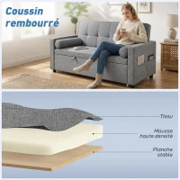 HOMCOM Canapé convertible 2 places 3 en 1 canapé-lit avec lit gigogne double dossier réglable 2 coussins 80,5x137,5x84cm gris(m-6)