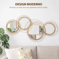 HOMCOM Decorazione Murale 3D in Metallo, Wall Art a Cerchi con Specchi 107x56cm, Oro(m-4)