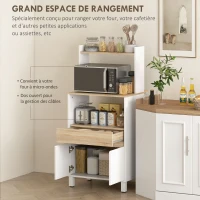 HOMCOM Meuble micro onde, buffet cuisine avec placard tiroir étagère supérieur, 60 x 40 x 131 cm chêne et blanc(m-4)