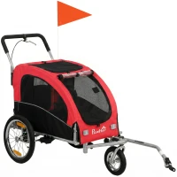 PawHut Remorque Vélo Chien 2-en-1 pour Chien Moyen avec Suspension, Pneus à Dégagement Rapide, Réflecteurs, 160x71x101cm, Rouge(m-18)