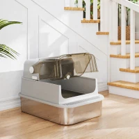 PawHut Maison de Toilette pour Chat XXL en Inox, Couvercle 90°, Double Porte, Filtre Frontal, Pelle, 70x50x46,5cm, Gris(m-2)