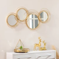 HOMCOM Decorazione Murale 3D in Metallo, Wall Art a Cerchi con Specchi 107x56cm, Oro(m-2)