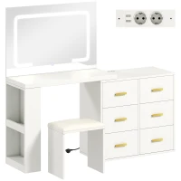 HOMCOM Coiffeuse avec miroir et tabouret, table de maquillage avec éclairage LED réglable, 6 tiroirs, 118 x 78 x 135 cm, blanc(m-1)