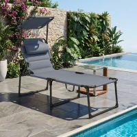 Outsunny Bain de soleil chaise longue pliante avec pare-soleil, appuie-tête inclinable en tissu Oxford 70 x 200 x 45 cm gris(m-2)