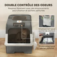 PawHut Maison de Toilette pour Chat avec Couvercle, Entrées, Plateau Coulissant, Pelle, Sachets Désodorisants, 48x35x36cm, Gris(m-6)