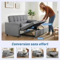 HOMCOM Canapé convertible 2 places 3 en 1 canapé-lit avec lit gigogne double dossier réglable 2 coussins 80,5x137,5x84cm gris(m-4)