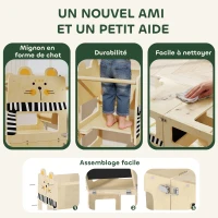 AIYAPLAY Tour d'Apprentissage Enfant 3 en 1, Tour d'Observation Enfant Pliable avec Tableau Noir, Motif Chat, Naturel(m-7)