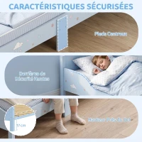 AIYAPLAY Lit Enfant 70 x 140 cm, Lit pour Enfant avec Barrière de Sécurité et Sommier à Lattes en Bois, Motif Nuage, Bleu(m-5)