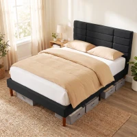 HOMCOM Estructura de Cama 140x200 cm con Lamas de Madera Cama Doble Acolchada en Efecto Lino con Almacenamiento Inferior sin Ruido Negro(m-5)