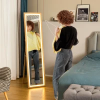 HOMCOM Grand miroir pleine longueur, miroir mural ou sur pied rectangulaire, 40 x 160 cm avec éclairage LED 3 couleurs, chêne(m-9)