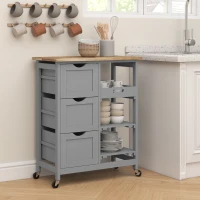 HOMCOM Chariot desserte de cuisine à roulettes plan de travail en bois 3 tiroirs et 1 plateau amovible 67 x 37 x 85,5 cm gris(m-8)