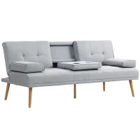 HOMCOM Canapé convertible 3 places, canapé-lit rembourré avec dossier réglable 3 niveaux, 2 coussins et 2 porte-gobelets intégrés, tissu de lin, pour salon, chambre d'amis, petit espace, gris clair(m-11)
