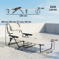 Outsunny Chaise longue de jardin pliante dossier réglable sur 4 niveaux, trou de lecture et appui-tête 72 x 194 x 89 cm crème(m-3)