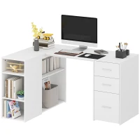 HOMCOM Eckschreibtisch, L-förmiger Computerschreibtisch, 3 Schubladen, 5 offene Fächer, verstellbare Regalböden, 140x100x75cm, Weiß(m-8)