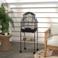 PawHut Cage à oiseaux design maison mangeoires perchoirs 3 portes plateau excrément amovible + poignée transport noir(m-10)