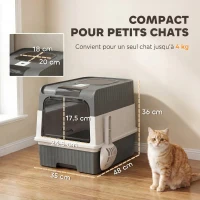 PawHut Maison de Toilette pour Chat avec Couvercle, Entrées, Plateau Coulissant, Pelle, Sachets Désodorisants, 48x35x36cm, Gris(m-3)