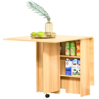 HOMCOM Table pliante de cuisine salle à manger amovible sur roulettes 80L x 140l x 74H cm 2 étagères intégrées en bois coloris bois naturel(m-1)