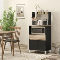HOMCOM Meuble micro onde, buffet cuisine avec placard tiroir étagère supérieur, 60 x 40 x 131 cm chêne et noir(m-2)