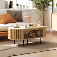 HOMCOM Table basse ovale, table de salon avec rangement, coins arrondis, design lattes, 100 x 50 x 40 cm, effet bois naturel(m-9)