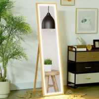 HOMCOM Grand miroir pleine longueur, miroir mural ou sur pied rectangulaire, 40 x 160 cm avec éclairage LED 3 couleurs, chêne(m-2)