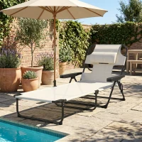 Outsunny Chaise longue de jardin pliante dossier réglable sur 4 niveaux, trou de lecture et appui-tête 72 x 194 x 89 cm crème(m-2)