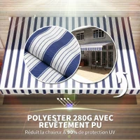Outsunny Store banne manuel rétractable 395 x 245 cm avec manivelle, polyester 280 g/m² protection UV, aluminium, bleu et blanc(m-5)