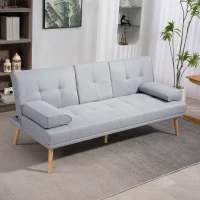 HOMCOM Canapé convertible 3 places, canapé-lit rembourré avec dossier réglable 3 niveaux, 2 coussins et 2 porte-gobelets intégrés, tissu de lin, pour salon, chambre d'amis, petit espace, gris clair(m-2)