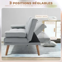 HOMCOM Canapé convertible 3 places, canapé-lit rembourré avec dossier réglable 3 niveaux, 2 coussins et 2 porte-gobelets intégrés, tissu de lin, pour salon, chambre d'amis, petit espace, gris clair(m-5)