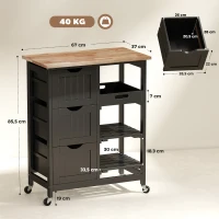 HOMCOM Chariot desserte de cuisine à roulettes plan de travail en bois 3 tiroirs et 1 plateau amovible 67 x 37 x 85,5 cm noir(m-3)