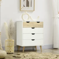 HOMCOM Commode 5 tiroirs meuble de rangement 4 pieds biseautés - bois, 60 x 40 x 77,5 cm, blanc(m-9)