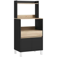 HOMCOM Meuble micro onde, buffet cuisine avec placard tiroir étagère supérieur, 60 x 40 x 131 cm chêne et noir(m-1)
