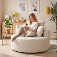 HOMCOM Pouf canapea rotund din chenille, șezut mare, 2 perne, 1 spătar, 1 traversin, sarcină 250kg, 130x130x82cm, crem(m-5)