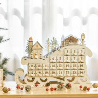 HOMCOM Calendrier de l'avent en bois Lumineux Frome de traineau - 10 lumières Blanc Chaud - 24 tiroirs - décoration Lumineuse de Noël(m-7)