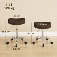 HOMCOM Taburete con ruedas, taburete de salón con altura regulable 51-66 cm y asiento acolchado, giratorio 360°, marrón(m-3)